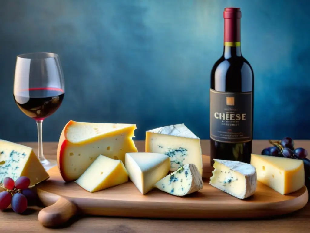 Experiencia gourmet: tabla de quesos y vinos con brie cremoso, cheddar y queso azul, ambiente elegante