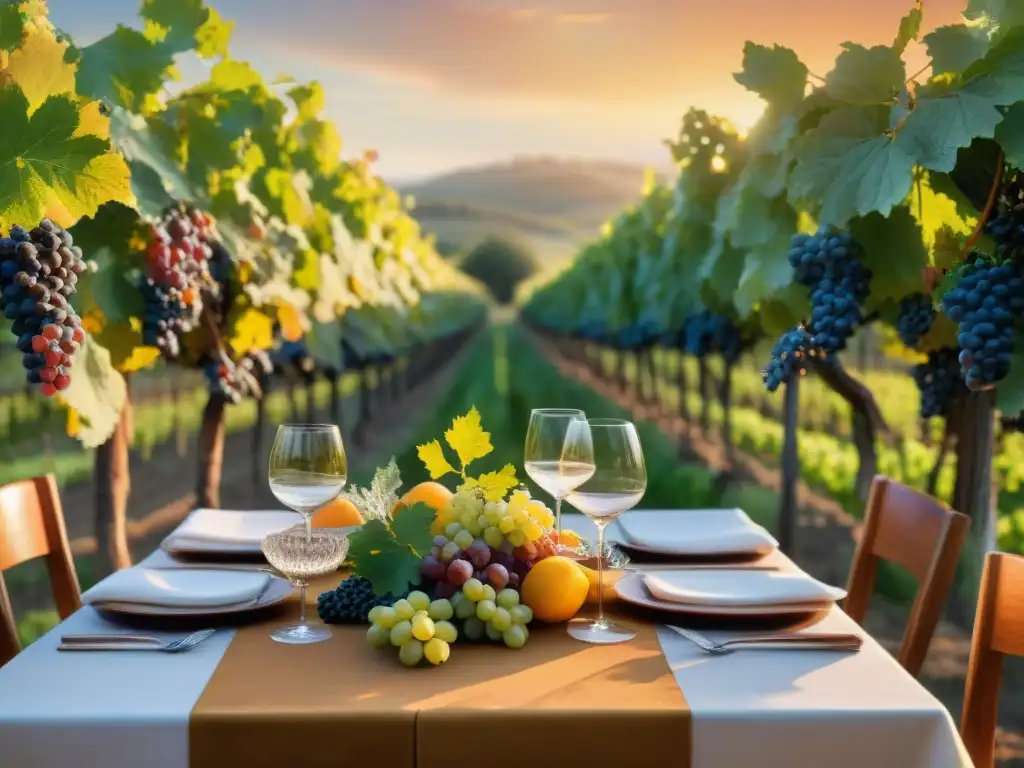 Experiencia gourmet en viñedo al atardecer con mesa elegante y platos coloridos