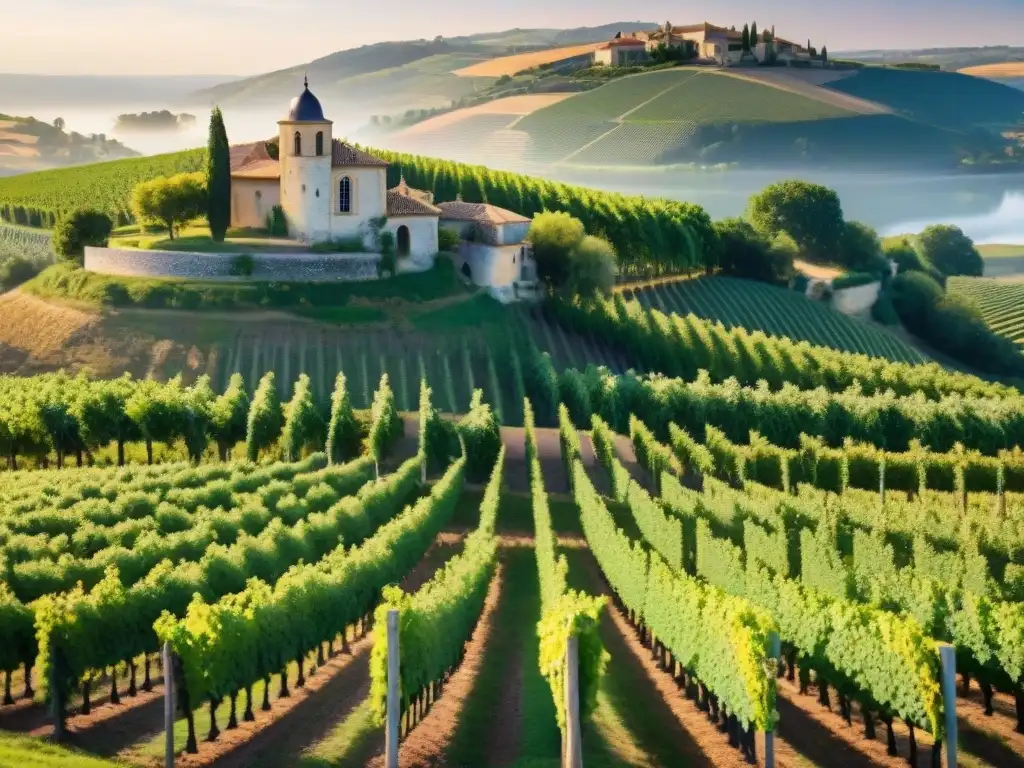 Experiencia gourmet en Burdeos: viñedo bañado por el sol, uvas maduras listas para cosechar, château y río sereno