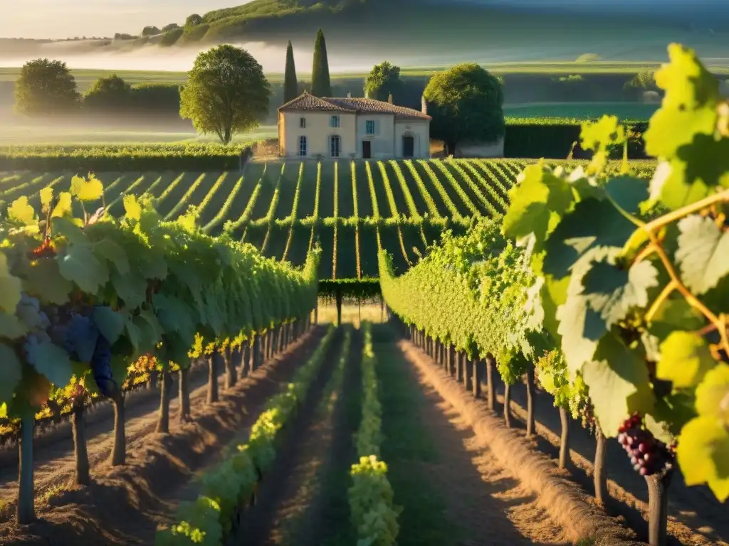 Experiencia gourmet en viñedo de Burdeos al atardecer, con vides verdes bañadas en luz dorada y château rústico al fondo