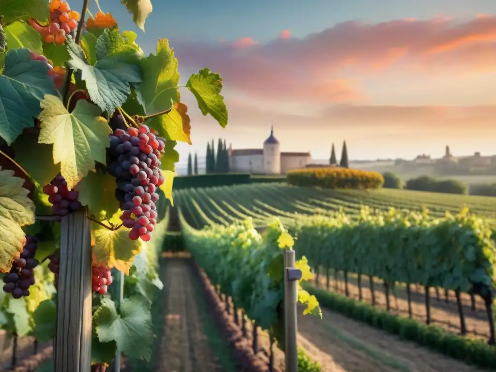 Experiencia gourmet: viñedo en Burdeos al atardecer, con uvas rojas y púrpuras brillantes entre hileras verdes