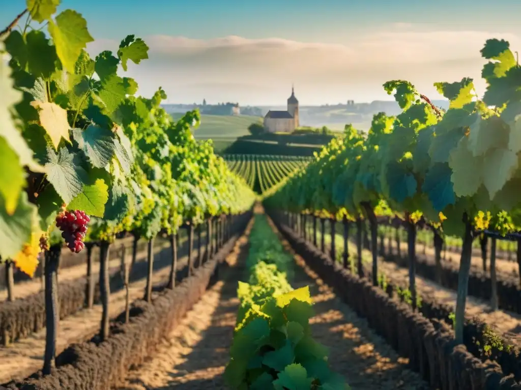 Experiencia gourmet en viñedo de Burdeos: viñedos bañados por el sol, uvas relucientes y chateau histórico al fondo