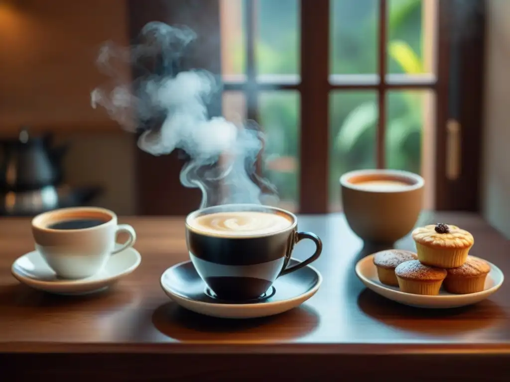 Una experiencia de lujo con café mexicano: mesa elegante con tazas y granos de café, bañados en cálida luz natural