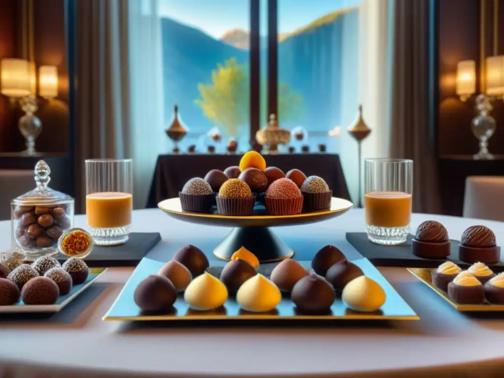 Experiencia de lujo con chocolate: Degustación exquisita en hotel de alta gama con variedad de chocolates y elegante decoración