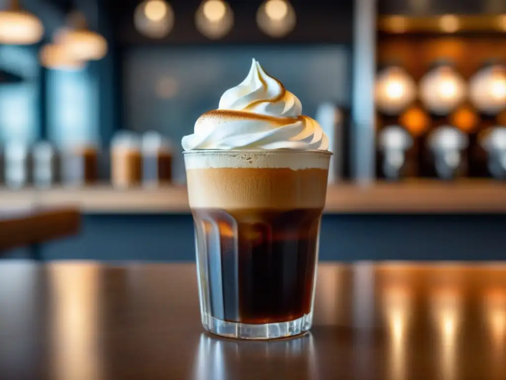 Experiencia relajante en café con cold brew y crema montada en mesa moderna