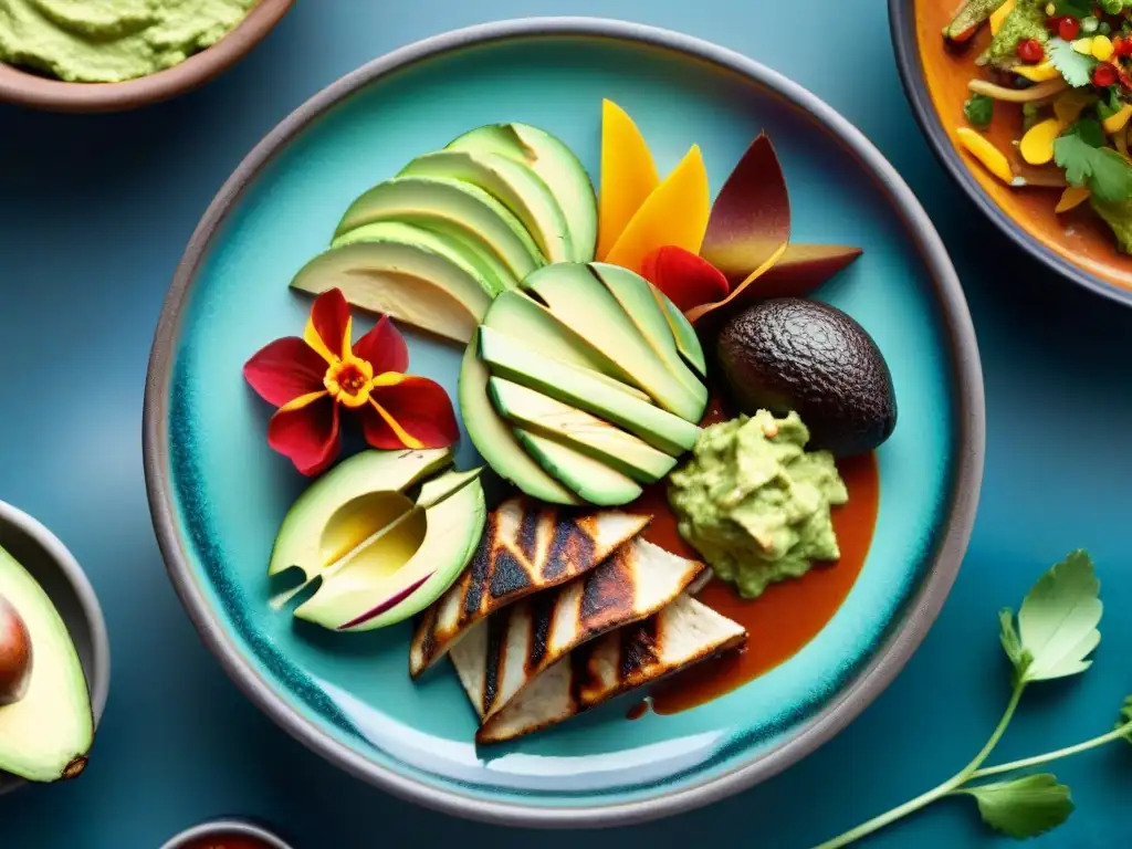 Experiencia sensorial cocina mexicana fusión: Detalle vibrante y colorido de un platillo fusionado con texturas y sabores variados