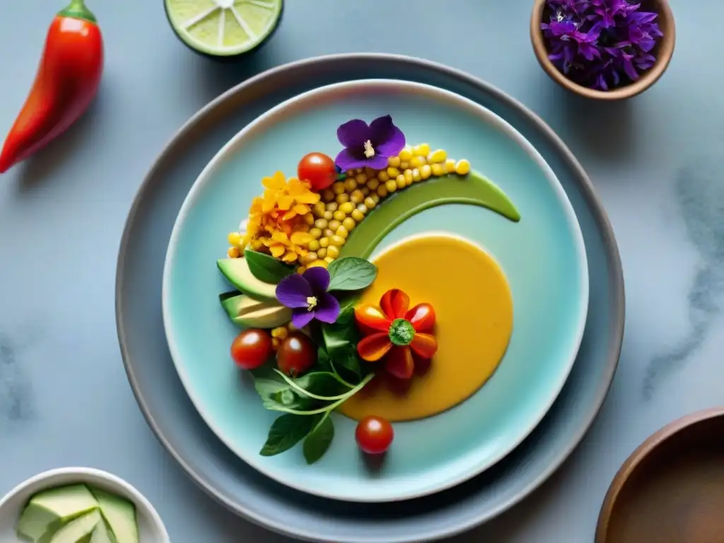 Experiencia sensorial cocina mexicana fusión: plato vibrante con capas de ingredientes coloridos y flores comestibles