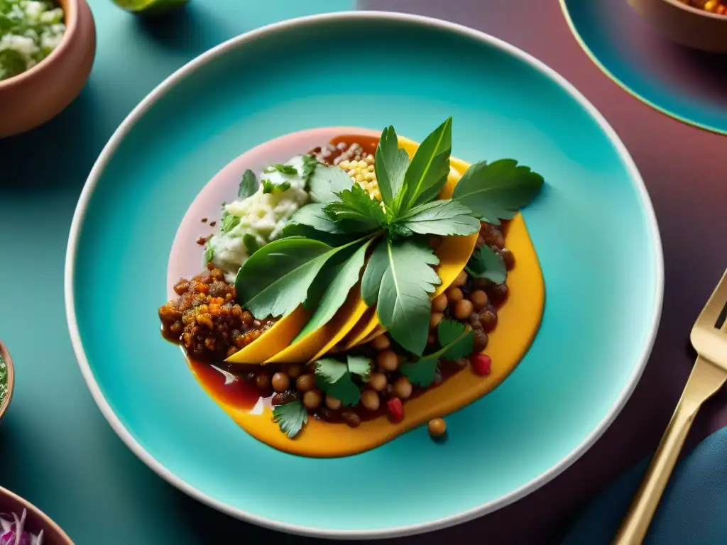 Experiencia sensorial cocina mexicana fusión: Detalle vibrante y colorido de un plato mexicano moderno en plato de cerámica artesanal