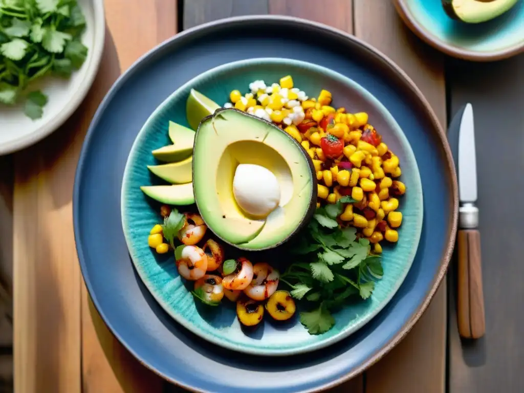 Experiencia sensorial cocina mexicana fusión: Plato vibrante con aguacate, camarones, elote y cilantro en plato Talavera sobre mesa rústica