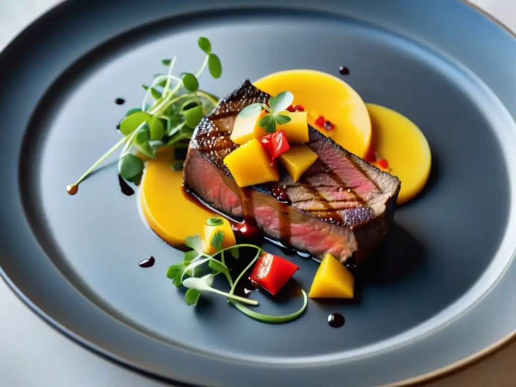 Exquisita fusión de sabores: filete con foie gras y salsa de mango Experiencia sensorial gourmet: un manjar detallado con texturas y sabores contrastantes