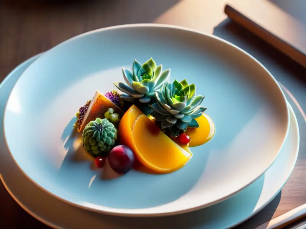 Exquisita obra de arte culinaria: sabores y texturas en armonía Experiencia sensorial gourmet: una obra culinaria elegante y detallada con texturas, sabores y colores vibrantes en un plato blanco impecable