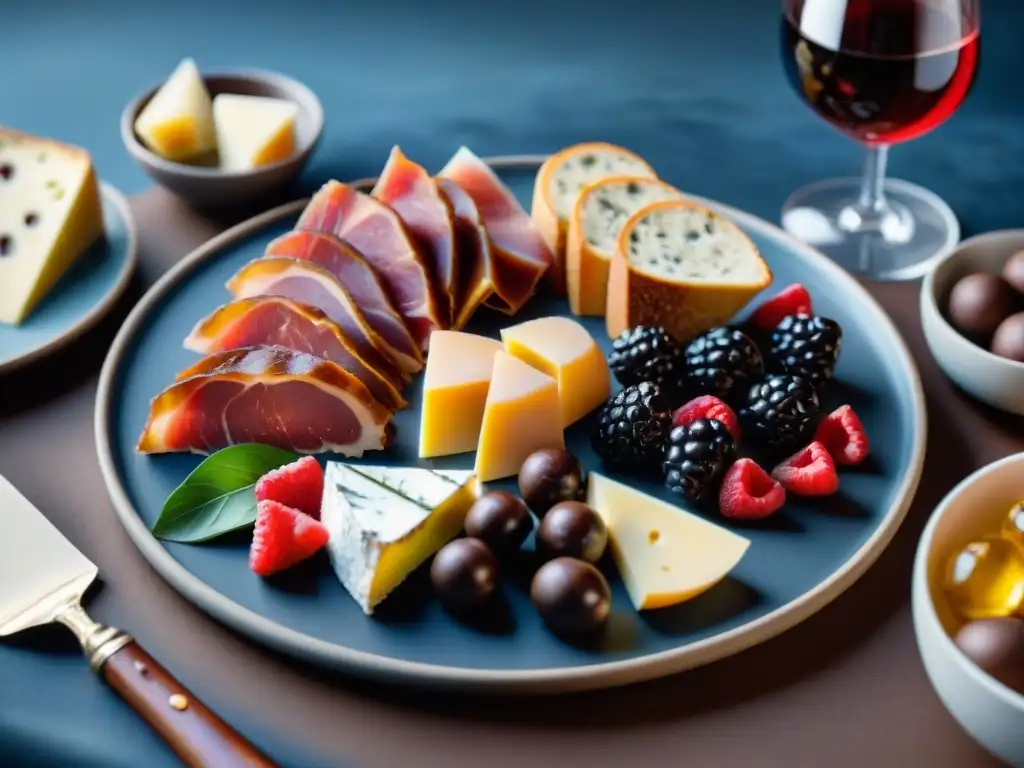 Exquisita degustación gourmet: sabores y texturas en detalle Experiencia sensorial gourmet: plato gourmet con texturas y sabores exquisitos como prosciutto, quesos, frutas y vinos