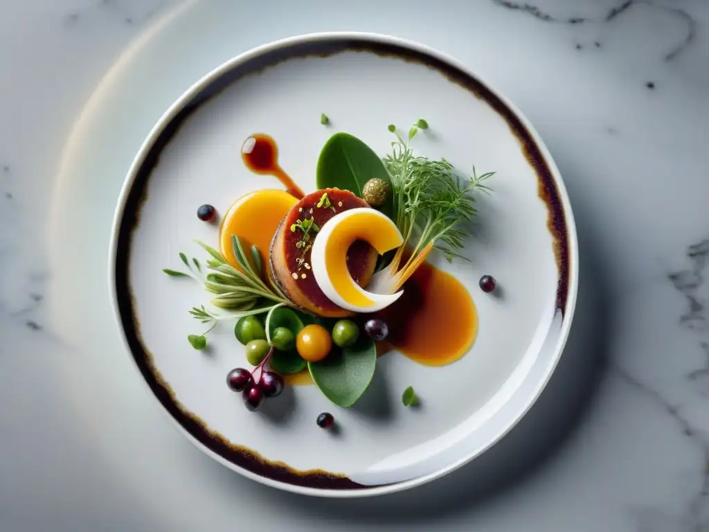 Exquisita obra culinaria: sabores y texturas en perfecta armonía Experiencia sensorial gourmet: plato gourmet con texturas y sabores, una explosión visual y sensorial