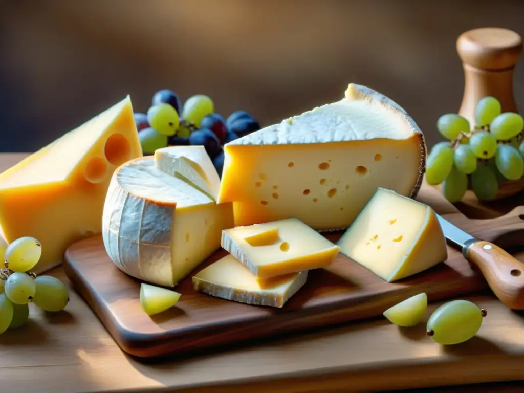 Experiencia sensorial: tabla de queso artesanal con variedad de quesos, uvas y hierbas frescas bajo la luz dorada del atardecer