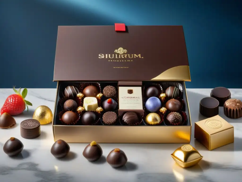 Experiencias cajas suscripción chocolates gourmet: una caja lujosa rebosante de exquisitos chocolates, en un elegante mostrador de mármol