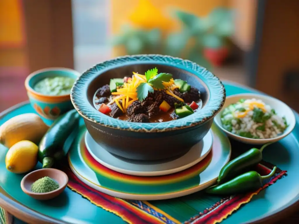 Experiencias gourmet en México: Mesa con molcajete rebosante de platillos mexicanos tradicionales, como mole poblano y chiles en nogada