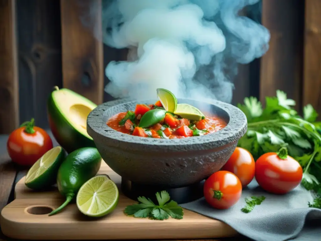 Experiencias gourmet en México: Molcajete con salsa roja, aguacate, limones y jalapeños en mesa rústica