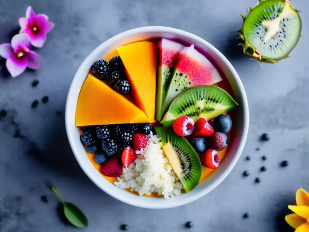 Experiencias sensoriales gourmet con bol de superfoods vibrante y colorido sobre fondo de mármol