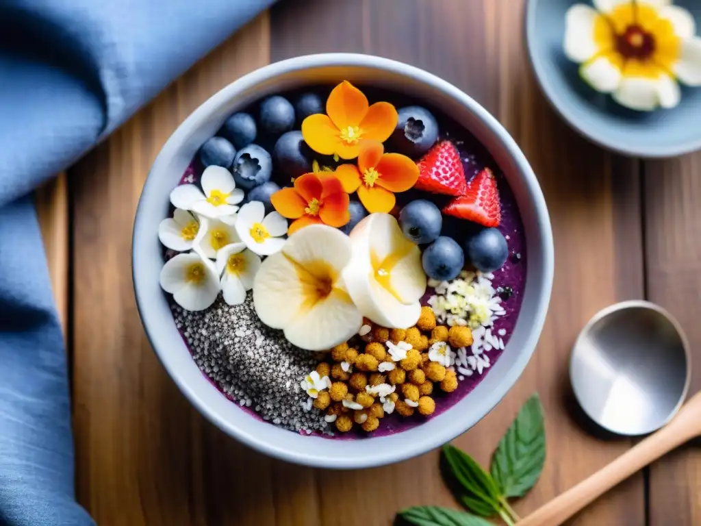 Experiencias sensoriales gourmet: un vibrante bowl de açaí con bayas frescas, semillas de chía y flores comestibles en una mesa de madera rústica