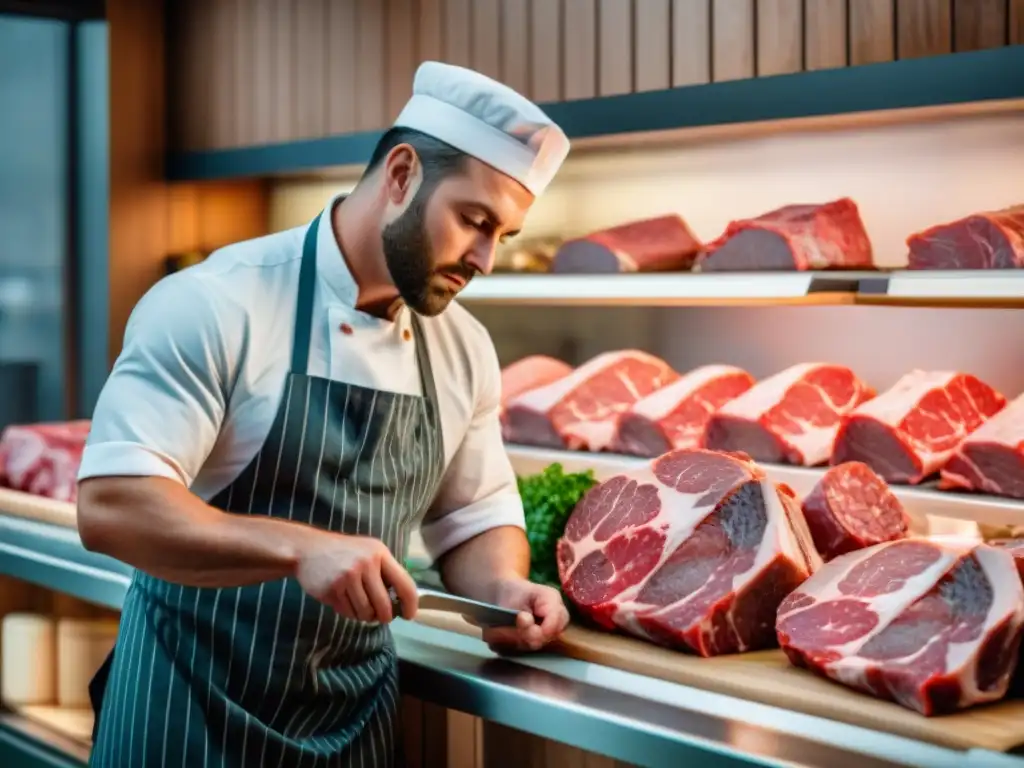 Un experimentado carnicero seleccionando con precisión una fina pieza de carne marmoleada, en una carnicería bien organizada