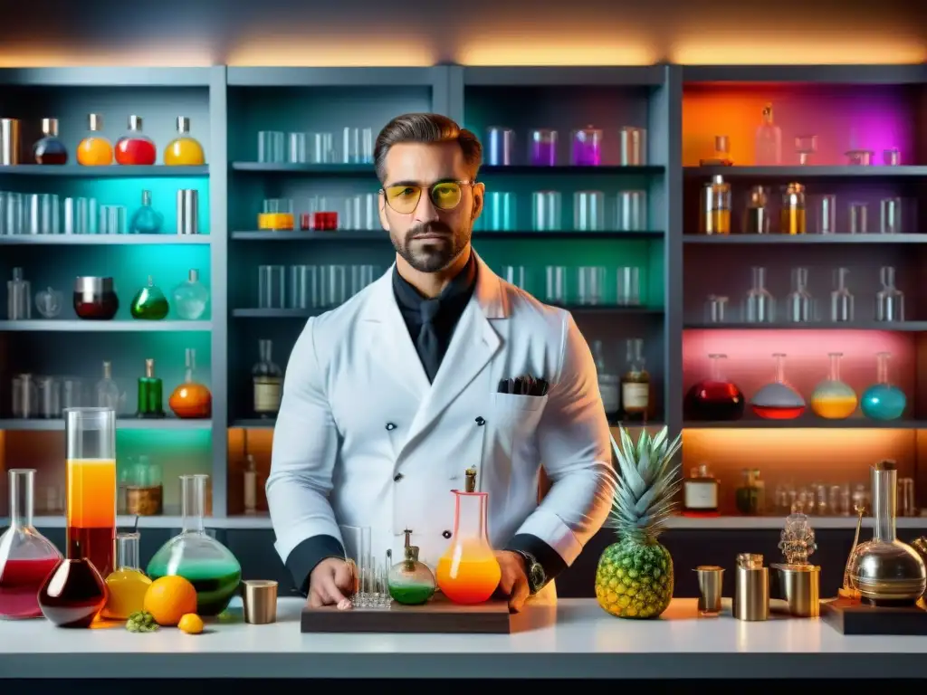 Un experimentado mixólogo crea un cocktail gourmet con precisión en un laboratorio sofisticado