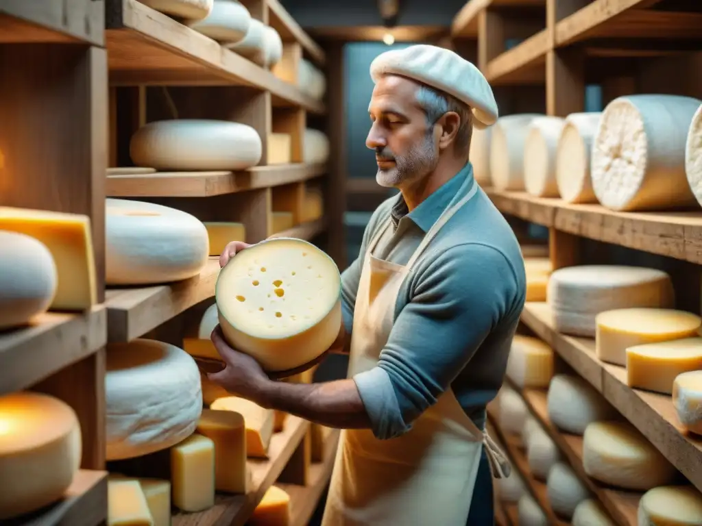 Un experimentado quesero envuelve cuidadosamente un queso artesanal americano en un paño rústico, en una bodega de quesos