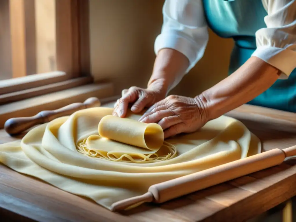 Experta nonna italiana amasa pasta con técnicas mediterráneas auténticas en mesa rústica