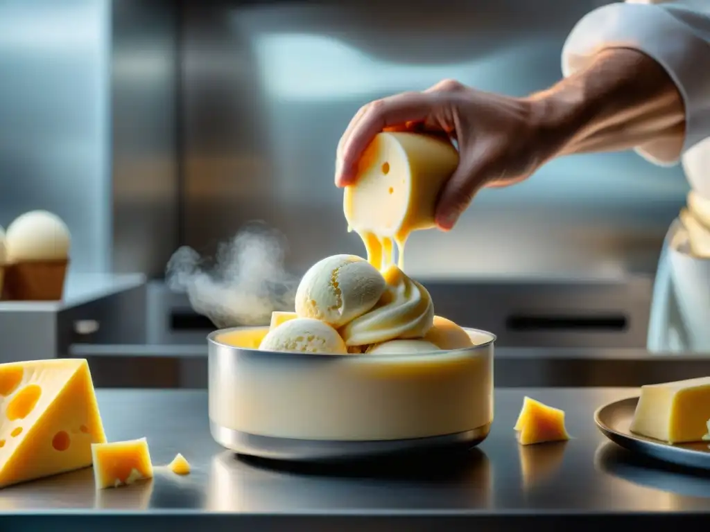 Un experto artesano prepara con esmero helados de queso gourmet en una cocina moderna y elegante