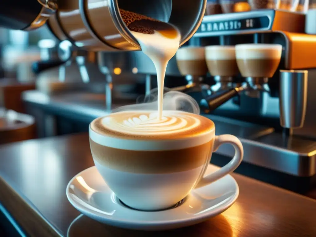 Un experto barista vierte con destreza leche vaporizada en una taza de café, creando hermosos diseños