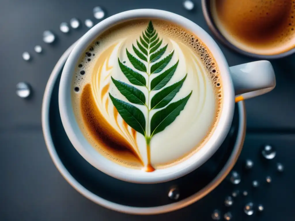 Un experto barista vierte leche vaporizada en un espresso, creando arte latte de helecho
