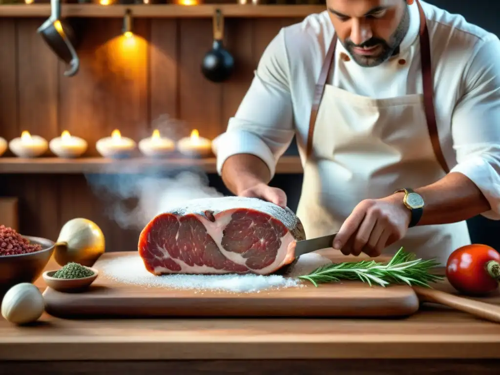 Experto charcutero preservando carnes con técnica ancestral en cocina rústica