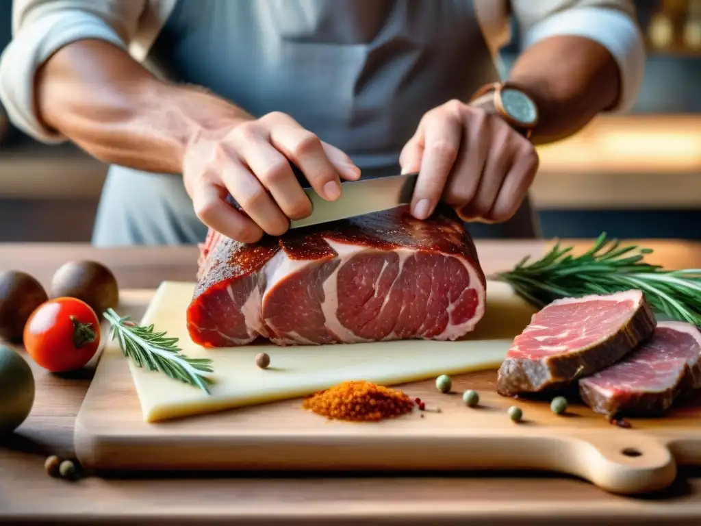 Un experto charcutero preservando carnes con precisión y arte, rodeado de hierbas y especias