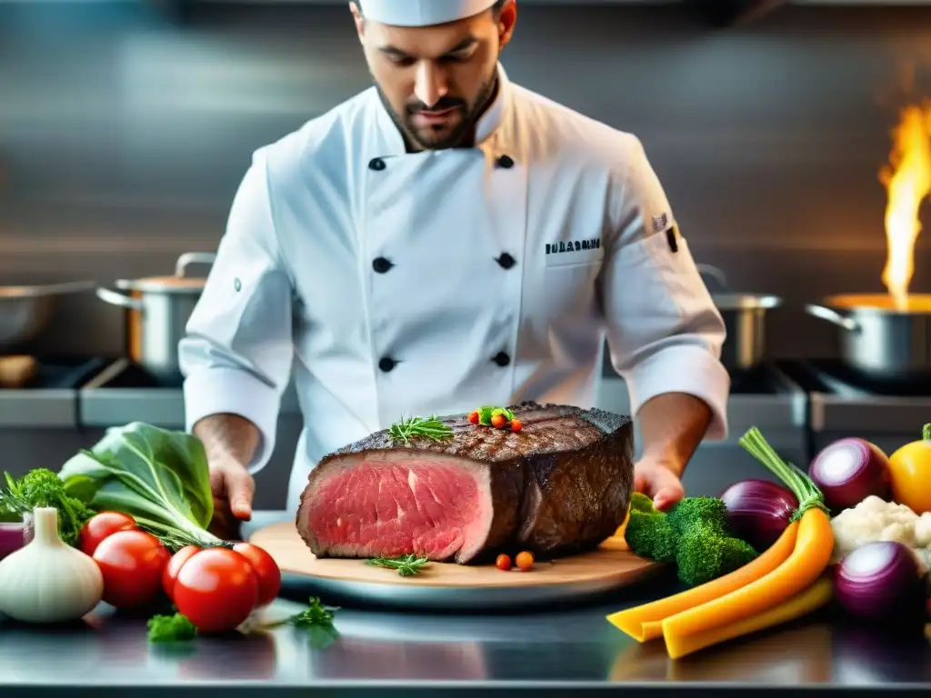 Un experto chef preparando carne premium en una cocina profesional, rodeado de ingredientes frescos y herramientas brillantes