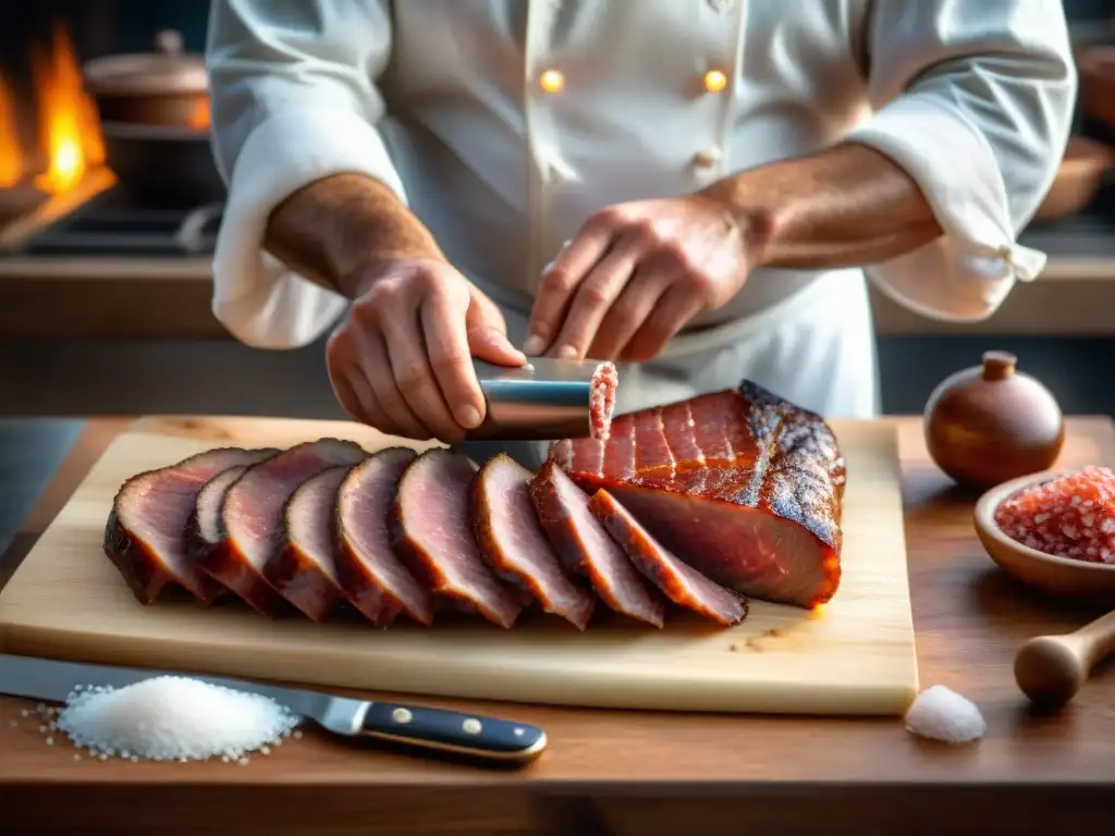 Un experto chef de charcutería sazona con precisión la carne curada, resaltando la importancia de la sal en el arte culinario