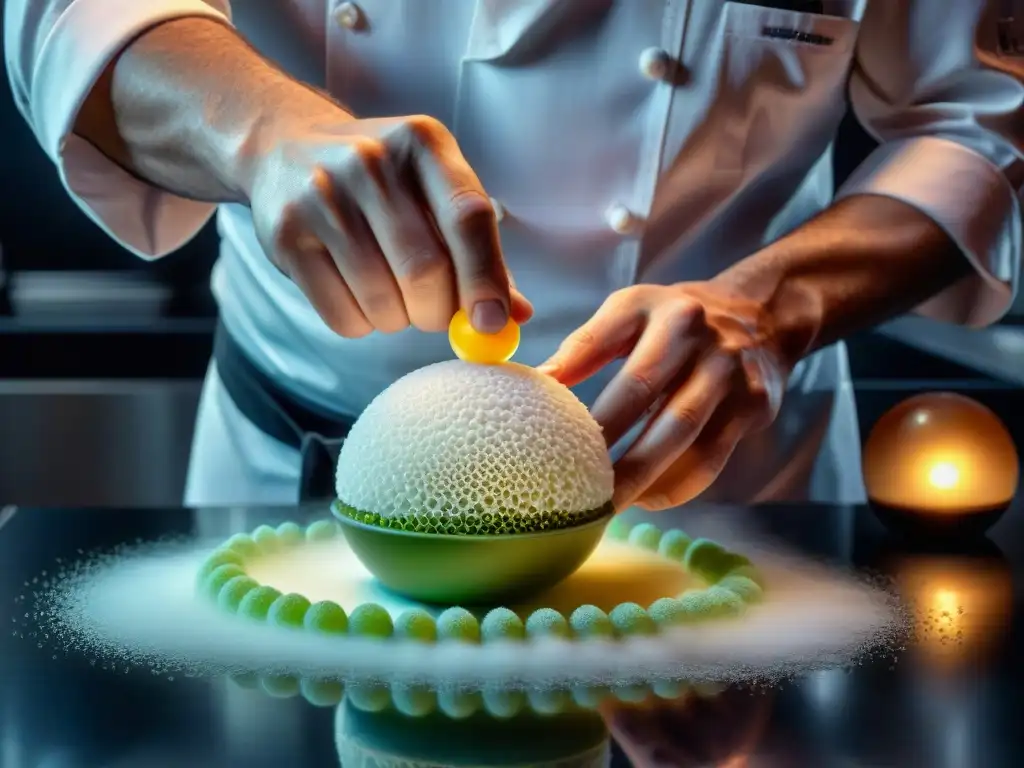 Experto chef preparando platos de gastronomía molecular con precisión y arte en cocina moderna