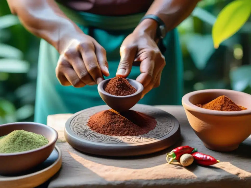 Un experto chocolatero maya elabora cacao en metate rodeado de naturaleza exuberante y cerámica indígena, capturando la artesanía ancestral chocolateros secretos