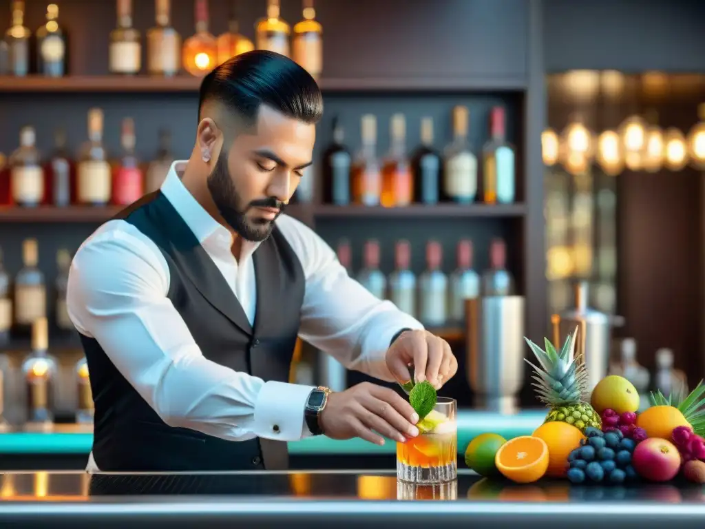 Un experto bartender elabora un coctel gourmet con precisión en un elegante bar