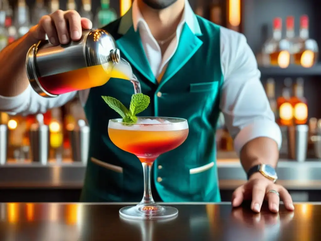 Un experto bartender crea un coctel multicolor en capas con trucos bartenders cocteles caseros gourmet