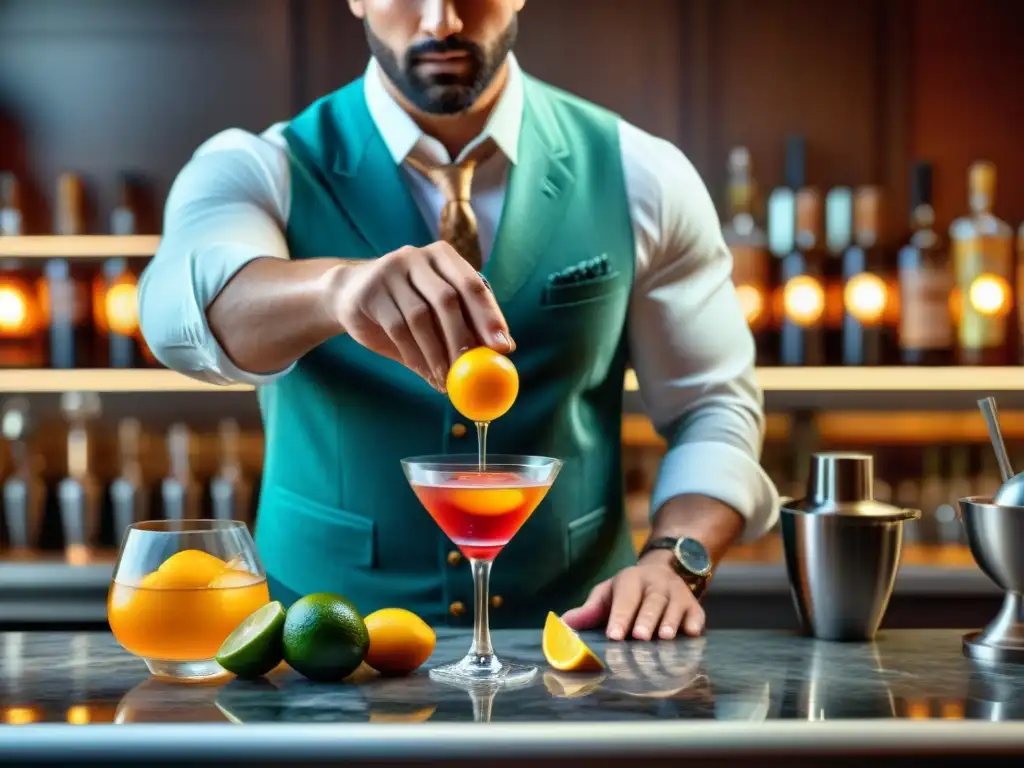 Un bartender experto preparando cocteles con historia recetas legendarias en un elegante y detallado escenario
