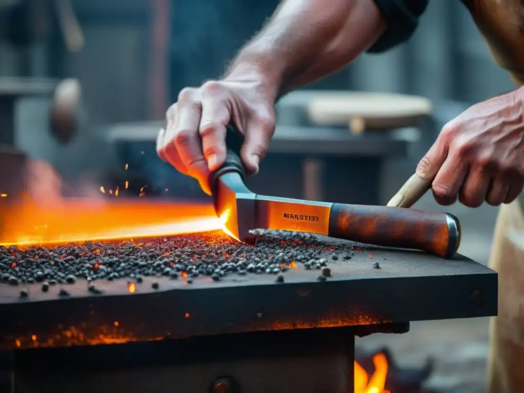 Experto forjador creando cuchillo gourmet en fragua tradicional, con chispas y calor intenso