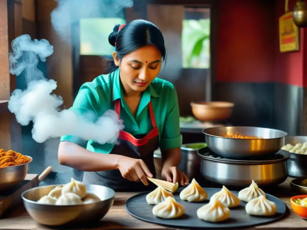 Un experto nepalí prepara momos en cocina tradicional