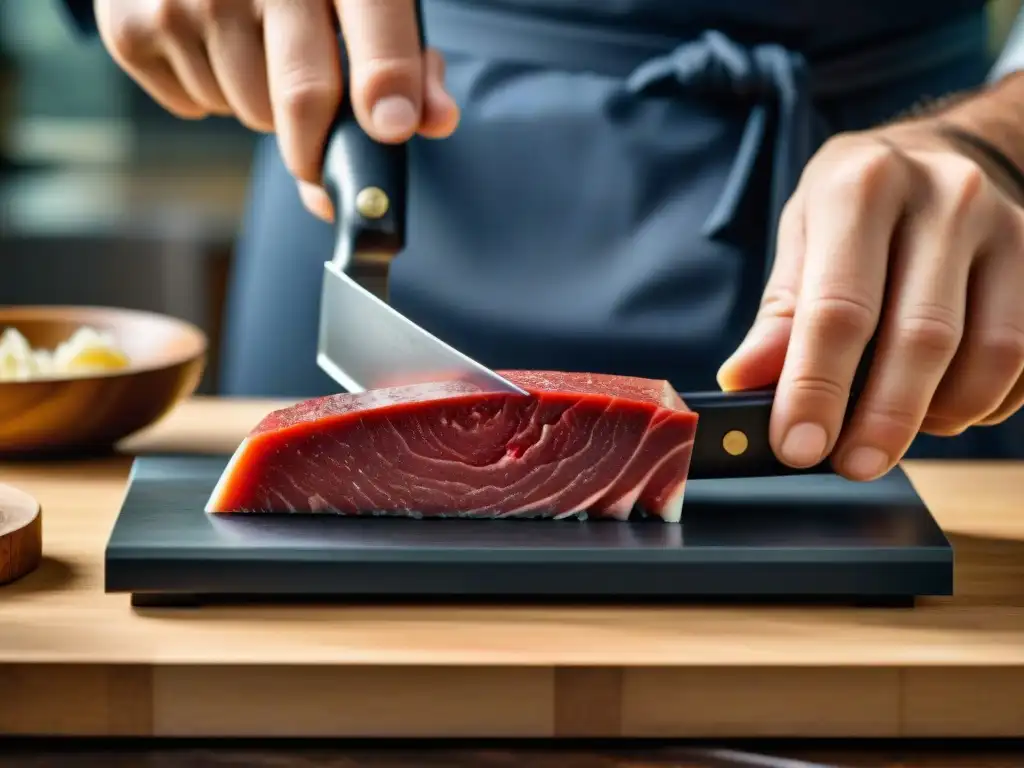 Un experto afila con precisión un cuchillo de alta gama en una piedra de afilar japonesa, destacando el mantenimiento del set cuchillos alta gama