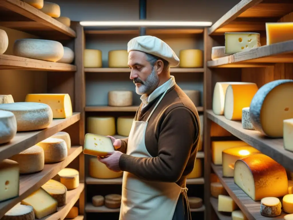 Experto quesero inspecciona queso recién hecho en bodega tradicional