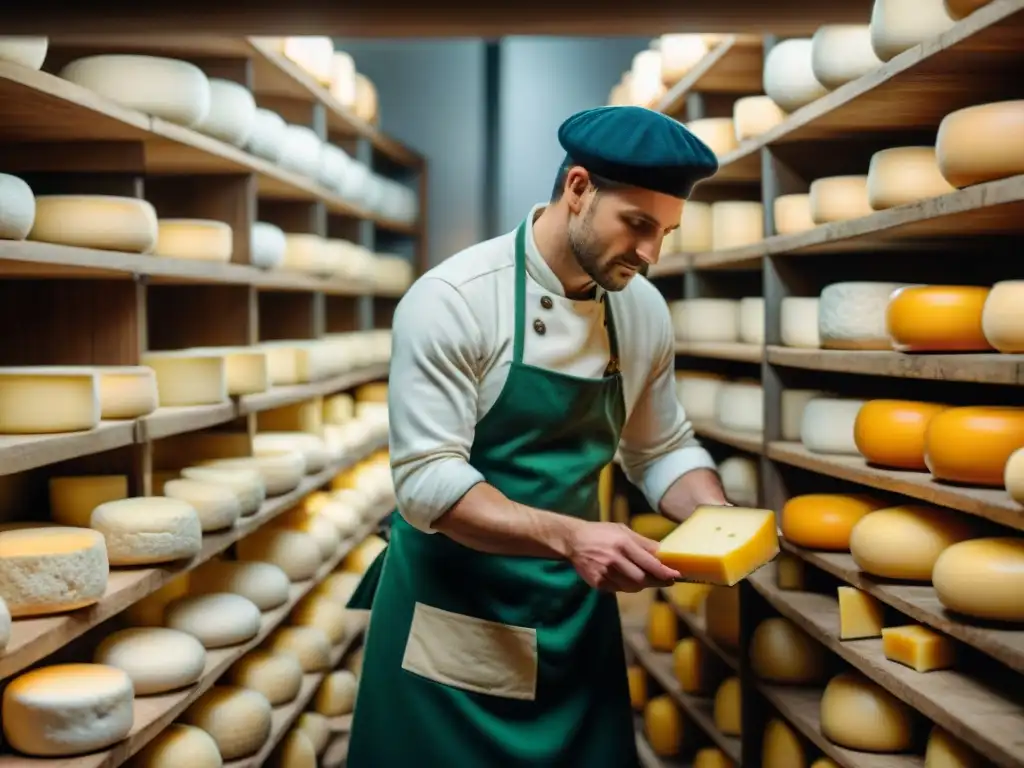 Un experto quesero inspecciona quesos en bodega tradicional, evitando errores comunes en la elaboración