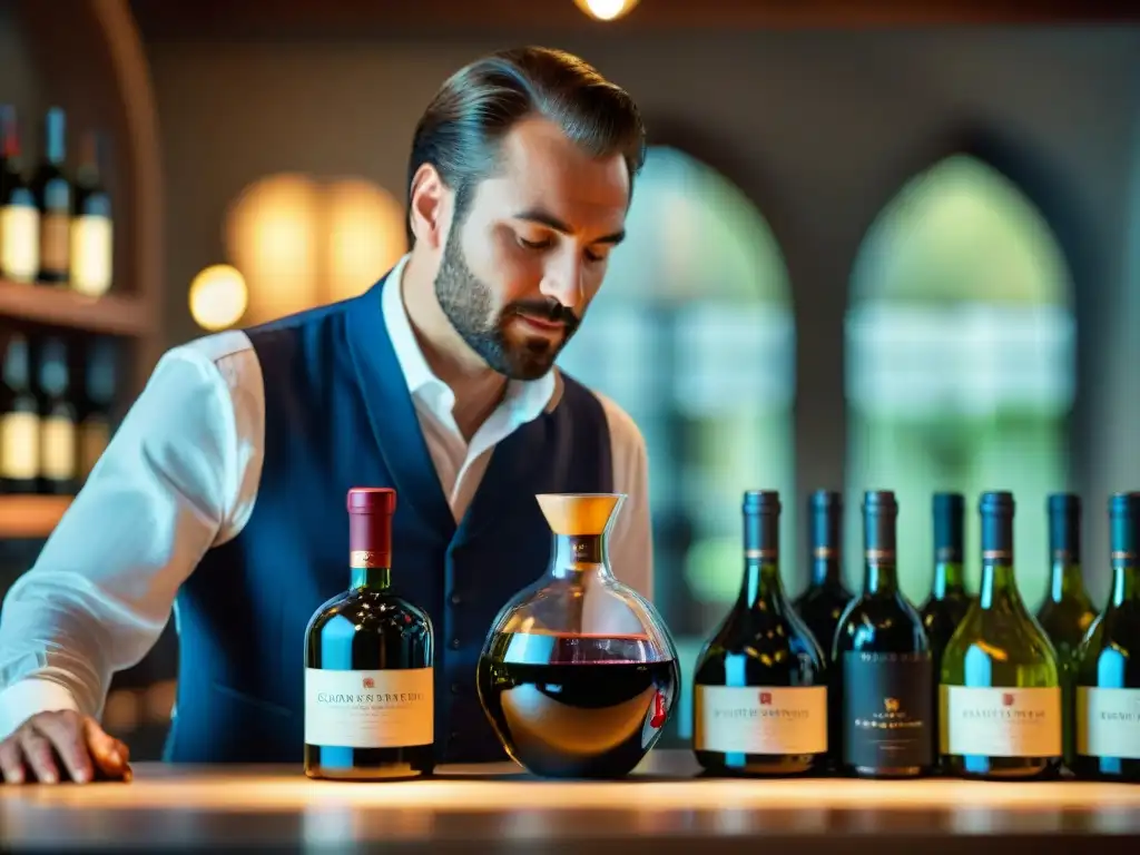 Sommelier experto mezclando secretos vinos europeos assemblage gourmet en decantador elegante