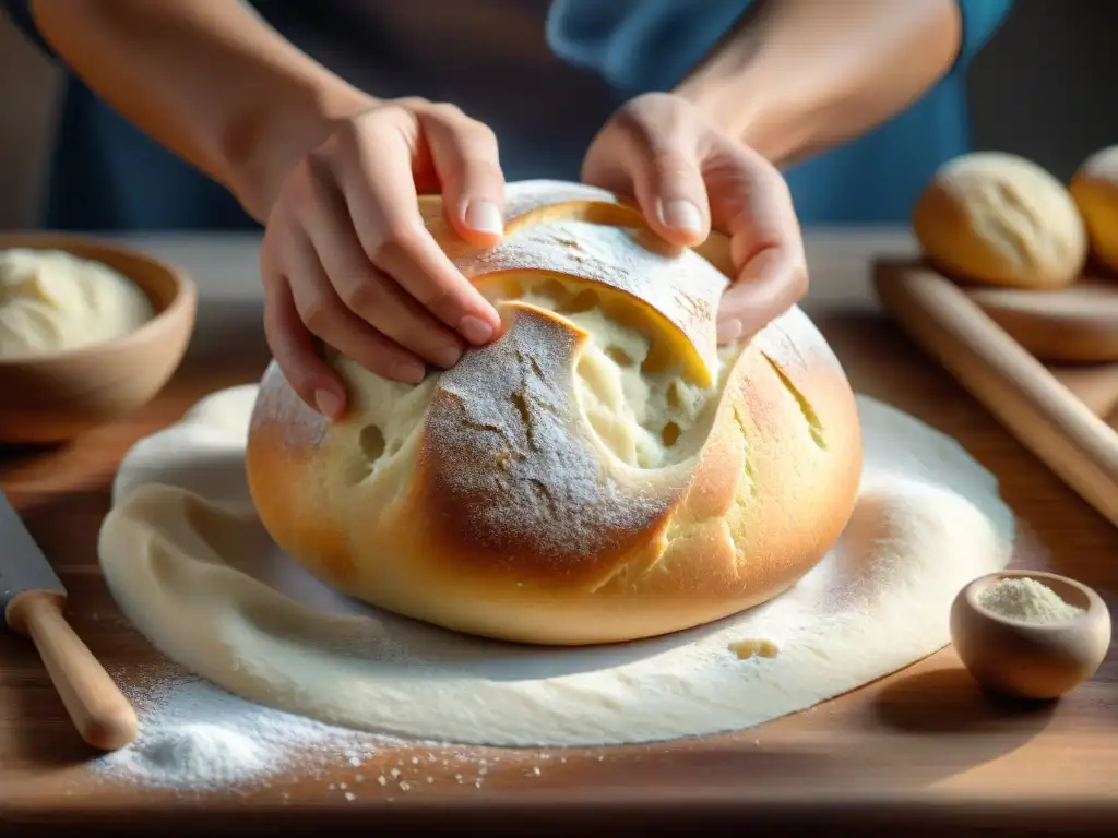 Un experto en panadería muestra técnicas de amasado perfectas en una escena detallada y realista