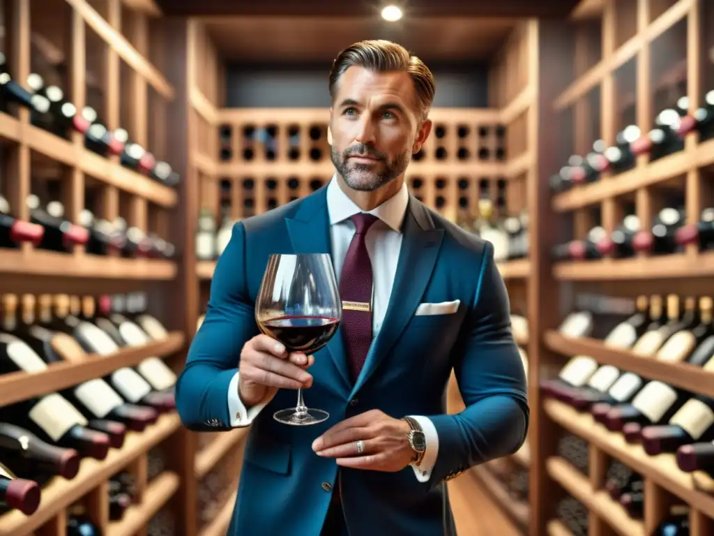 Sommelier experto degustando vino tinto, reflejando sofisticación en bodega elegante