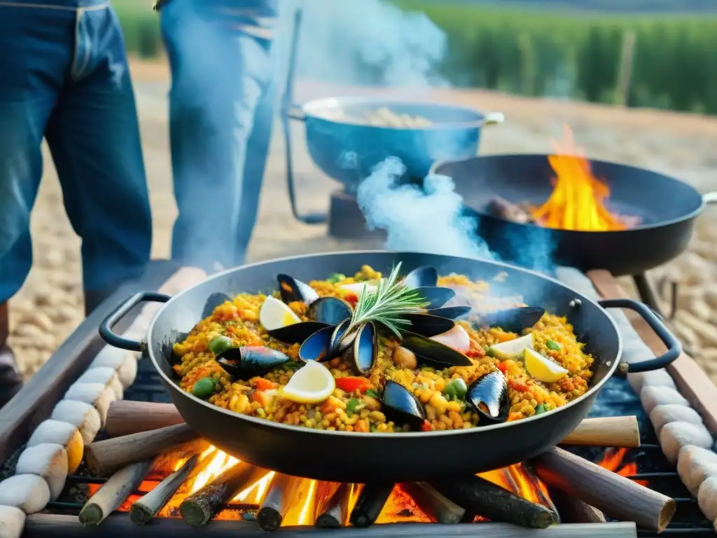 Expertos preparan auténtica paella valenciana en campo, detalle y pasión culinaria