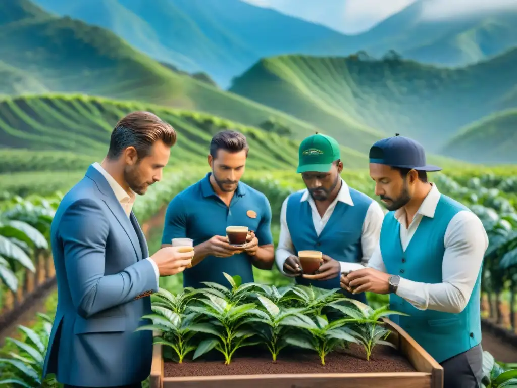 Expertos catando café en plantación con vista a montañas neblinosas