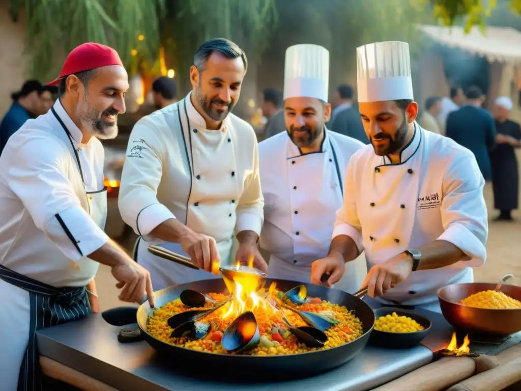 Expertos chefs preparando auténtica paella valenciana al aire libre con precisión y pasión en escena vibrante